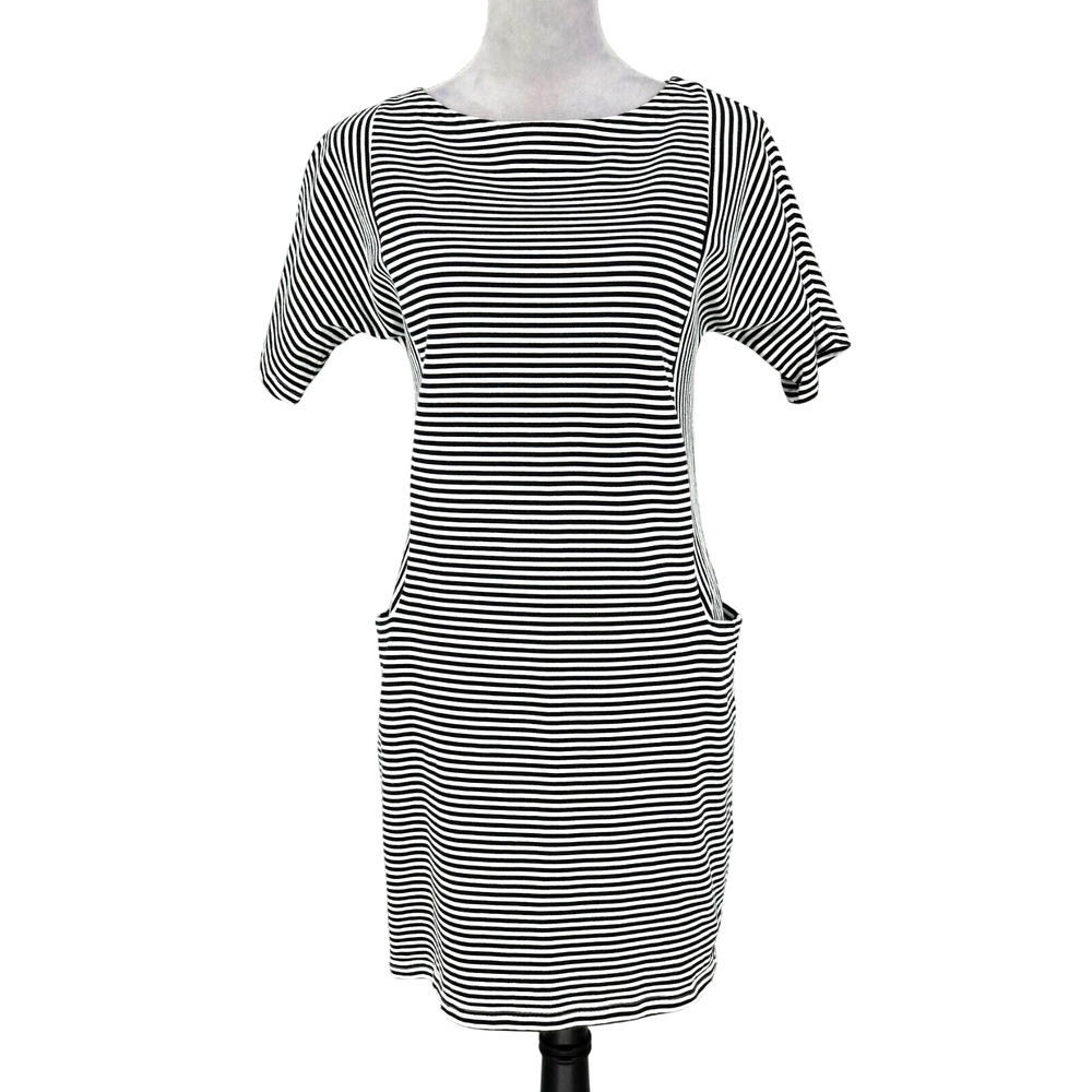 Kate Spade Saturday Dress Womens Small Black White Stripe Back Zip Cotton Knit